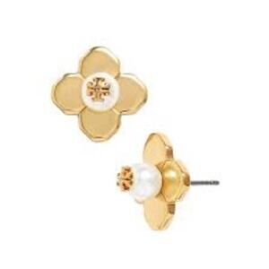 New Tory Burch White Pearl, Gold Logo Stud Earrings
